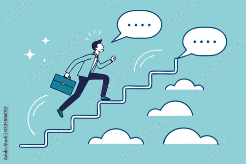 Advice, discussion talking, guidance, tips or suggestion for business success, help, wisdom, feedback to help develop improvement concept, businessman walk up speech bubble as stair to reach success.