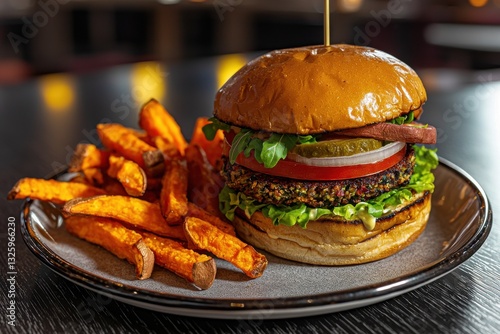 An elevated view of a vegan burger featuring a vegetable patty, tomato, onion, pickles and lettuce, served with sweet potato fries on a grey plate.