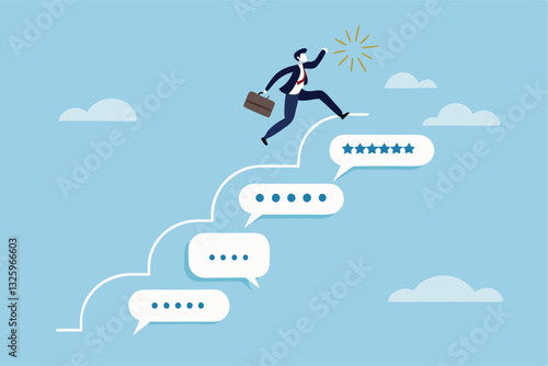 Advice, discussion talking, guidance, tips or suggestion for business success, help, wisdom, feedback to help develop improvement concept, businessman walk up speech bubble as stair to reach success.