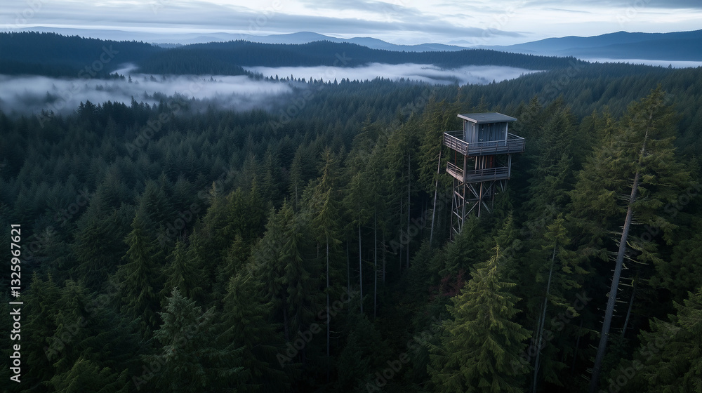 Obraz premium Misty forest view from a fire lookout tower, atmospheric mountain landscape with morning fog