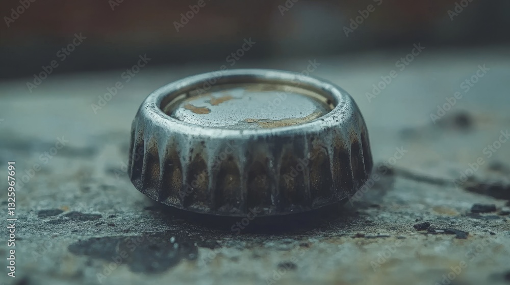 A soft drink bottle cap rests on filthy floor tiles, encircled by trash and dust, emphasizing urban litter and its environmental consequences A soft drink bottle cap rests on filthy floor tiles, encircled by trash and dust, emphasizing urban litter and its environmental consequences