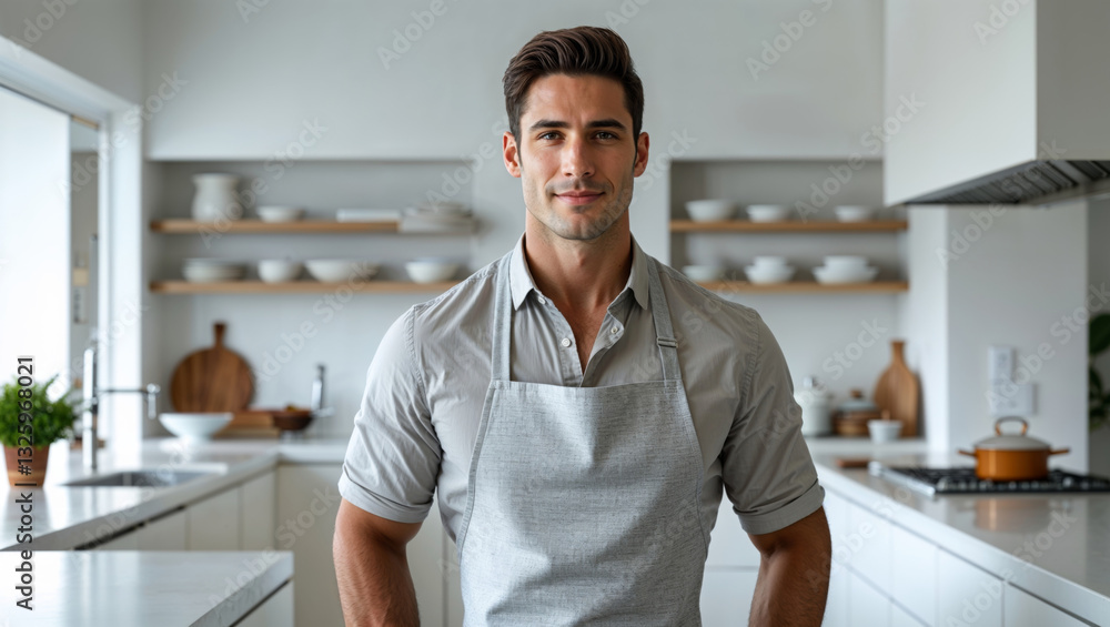 A handsome chef smiles while standing in his modern kitchen, wearing an apron and ready to cook. A handsome chef smiles while standing in his modern kitchen, wearing an apron and ready to cook.