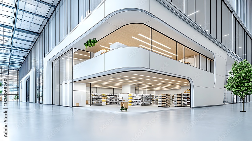 Obraz premium Modern Office Building Interior with Retail Store and Minimalist Design