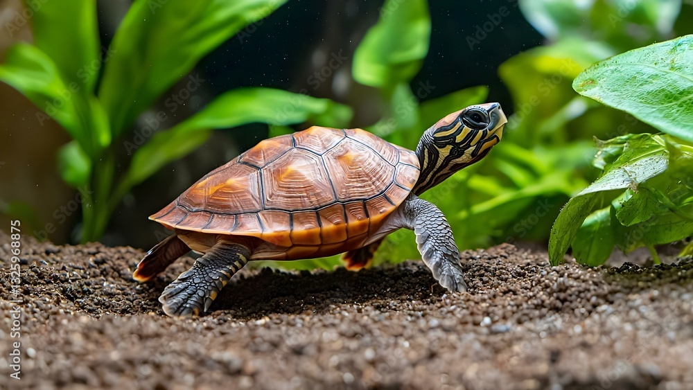 Fototapeta premium A turtle crawling in a natural habitat, surrounded by green plants and a sandy substrate. Concept Turtle in Habitat, Nature Photography, Green Plants, Sandy Substrate, Wildlife Observation