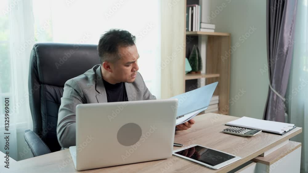 Professional businessman looking on laptop computer, and seriously to checking with documents, He concentrate his work, various technology Device placed on desk in modern office Professional businessman looking on laptop computer, and seriously to checking with documents, He concentrate his work, various technology Device placed on desk in modern office