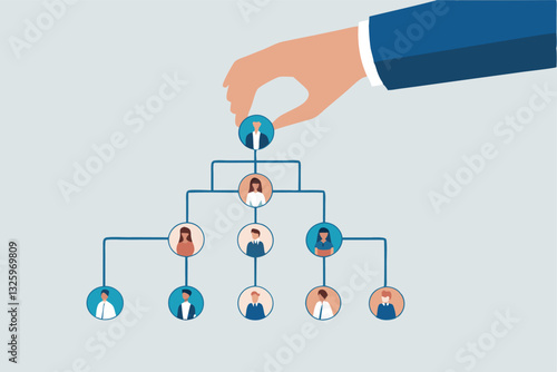 CEO, company leader or executive position, organization chart, hierarchy or team structure, role and responsibility, supervisor, department or division concept, businessman put CEO on org chart.