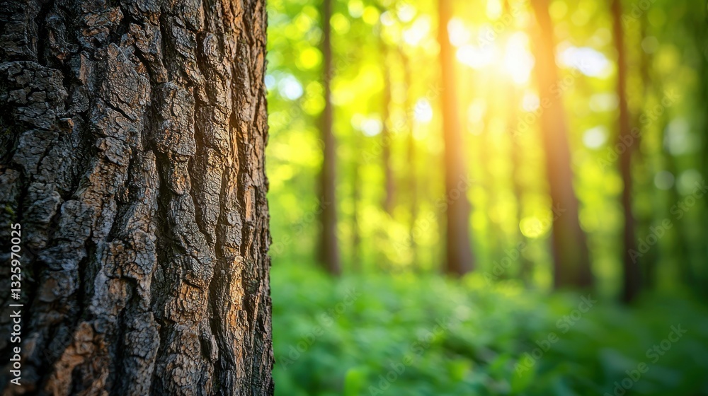 Fototapeta premium Sunlit Forest Scene with Tree Bark and Green Foliage