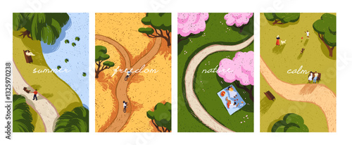 Set of posters with nature and relaxing people. Cards with summer, autumn, spring landscape top view. Cute postcards with men and women have a picnic, walking outdoors. Flat vector illustrations