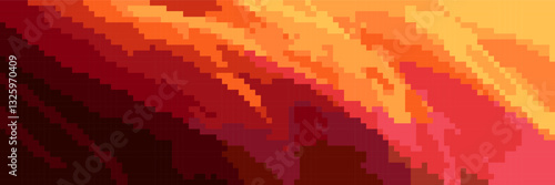 Burning sunset sky bg with pixel texture in retro 8 bit game style. Gradient fire background with square pattern of hot falling lava or arcade video flame.