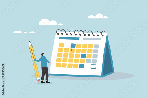 Calendar schedule, event or meeting reminder, date time planning, work deadline or appointment, due date organizer weekly review concept, businessman hold pencil thinking with calendar schedule plan.