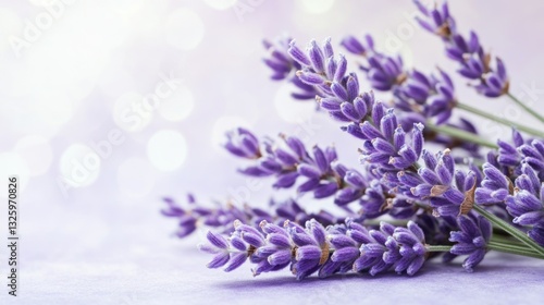 Close-up of a bouquet of fresh purple lavender flowers on a soft purple background with bokeh.