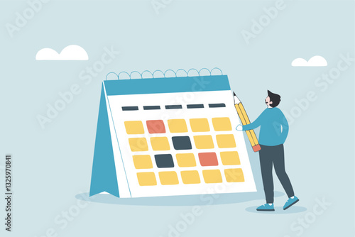 Calendar schedule, event or meeting reminder, date time planning, work deadline or appointment, due date organizer weekly review concept, businessman hold pencil thinking with calendar schedule plan.