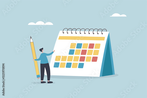 Calendar schedule, event or meeting reminder, date time planning, work deadline or appointment, due date organizer weekly review concept, businessman hold pencil thinking with calendar schedule plan.