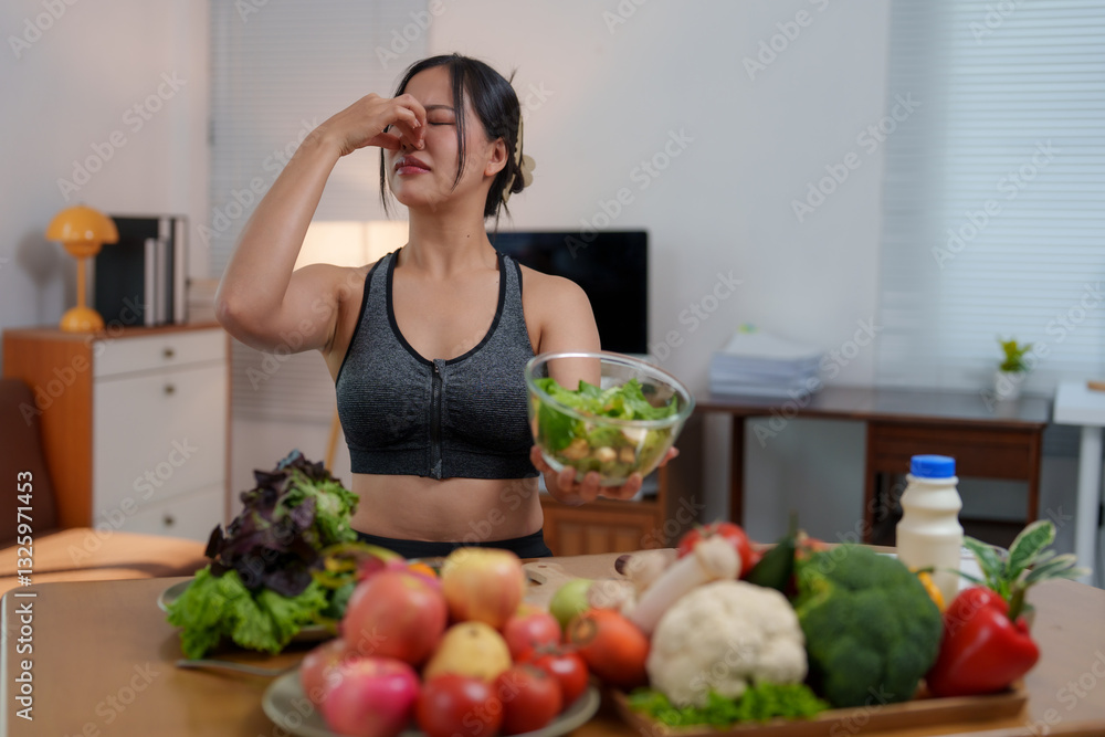 Young woman pinching her nose while holding a bowl of salad with disgust Young woman pinching her nose while holding a bowl of salad with disgust