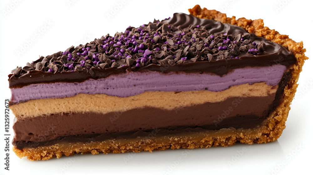 A rich chocolate mousse pie with layers of chocolate, purple mousse, and caramel on a crunchy graham cracker crust.