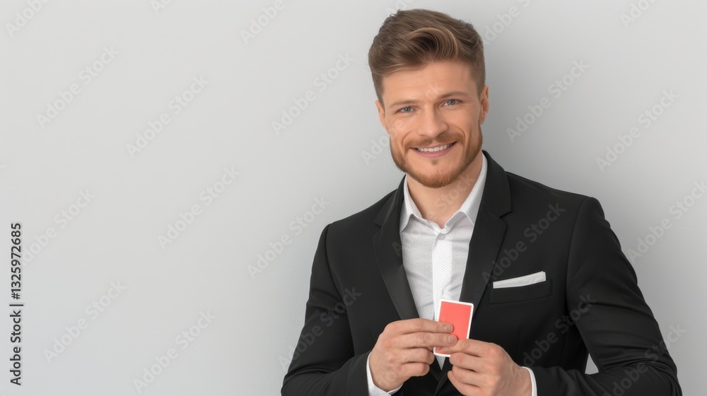 Confident Young Man in Formal Wear Holding a Red Playing Card Against a Simple Background