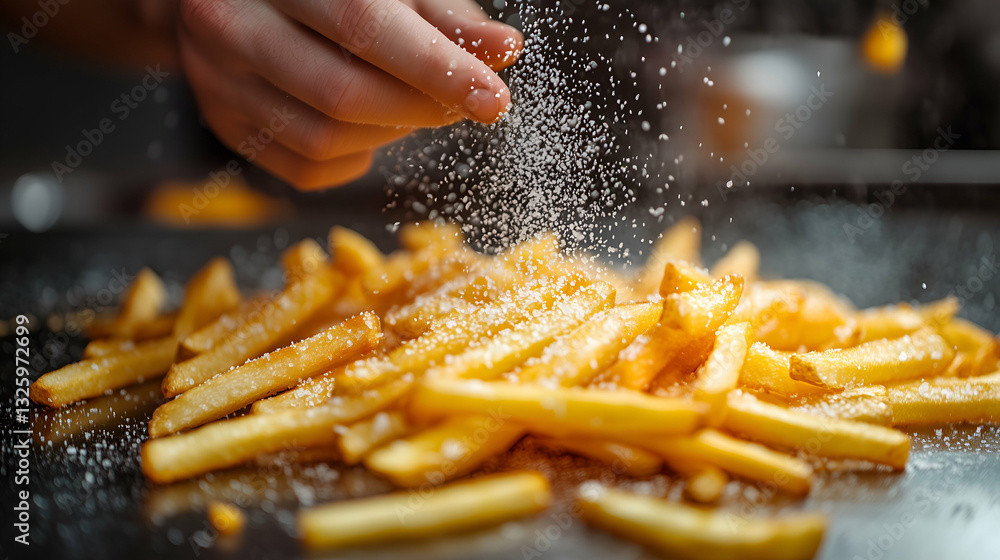 A close-up of crispy golden French fries being sprinkled with salt. The granules are captured mid-air as they fall onto the hot fries, enhancing their texture.
