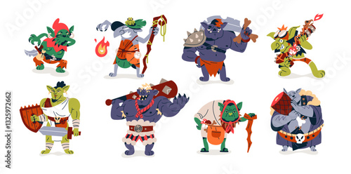 Set of different goblins. Green trolls with weapon. Funny ogre warriors with blades, cudgels. Various big orcs, fantasy characters for game. Flat isolated vector illustration on white background