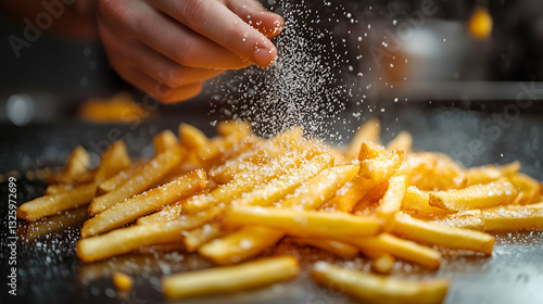 Obraz na płótnie A close-up of crispy golden French fries being sprinkled with salt. The granules are captured mid-air as they fall onto the hot fries, enhancing their texture. w salonie