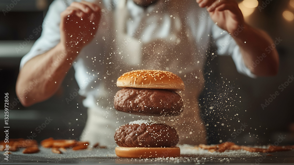 A deconstructed burger floating in mid-air, featuring a sesame seed bun, thick beef patty, and bottom bun. A chef in the background sprinkles seasoning, creating a dynamic and artistic culinary scene.