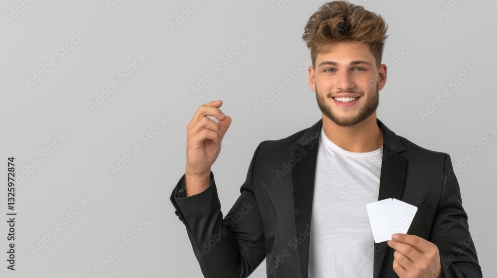 Young man in formal attire holding playing cards with confident expression and cheerful demeanor Young man in formal attire holding playing cards with confident expression and cheerful demeanor