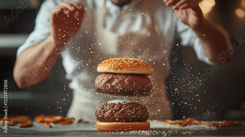 Obraz na płótnie A deconstructed burger floating in mid-air, featuring a sesame seed bun, thick beef patty, and bottom bun. A chef in the background sprinkles seasoning, creating a dynamic and artistic culinary scene. w salonie