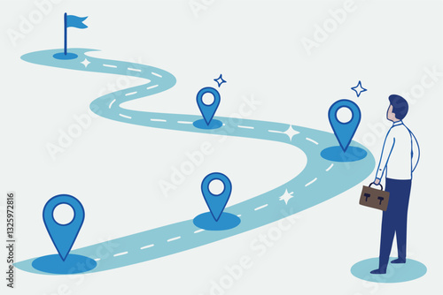 Success roadmap journey, milestone or career path achievement, route or pathway to achieve goals, accomplishment, assessment or way to success, businessman look at achievement milestone to success.
