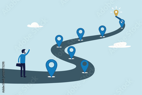 Success roadmap journey, milestone or career path achievement, route or pathway to achieve goals, accomplishment, assessment or way to success, businessman look at achievement milestone to success.