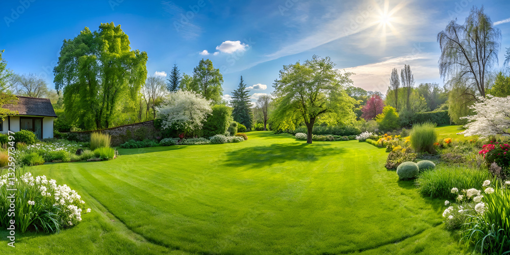 Naklejka premium Lush Green Garden Under Bright Blue Sky with Sunlight, Trees, Colorful Flowers, and Vibrant Hedges in a Serene Outdoor Landscape Setting