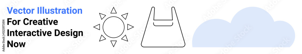 Sun with rays, plastic bag outline, and soft cloud form representing environmental and ecological concepts. Ideal for sustainability topics, pollution awareness, weather, climate change, energy