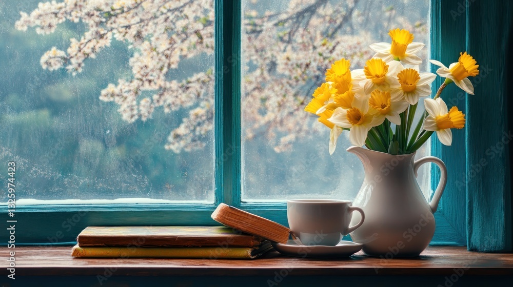 custom made wallpaper toronto digitalSerene Spring Windowsill Still Life: Daffodils, Books, and Tea