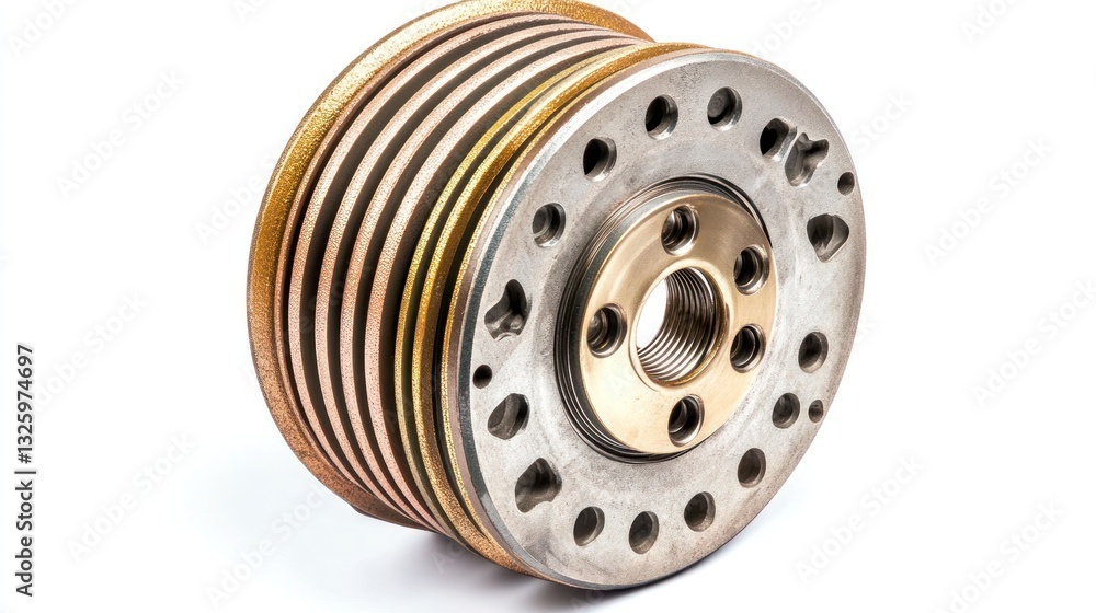 Close-up of a complex metallic industrial component with multiple concentric rings and threaded center. Close-up of a complex metallic industrial component with multiple concentric rings and threaded center.