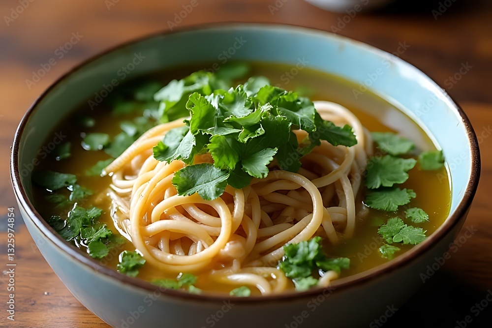 Delicious noodle soup garnished with fresh cilantro cozy kitchen setting food photography Delicious noodle soup garnished with fresh cilantro cozy kitchen setting food photography