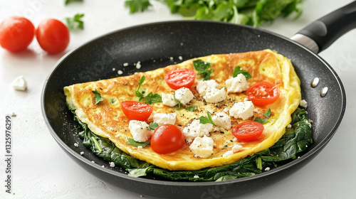 Fried station omelet with spinach and feta cheese in a pan on a white background, real photo