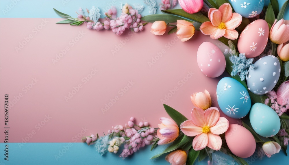 Soft-focus floral Easter frame with pastel blossoms, delicate greenery, and decorative eggs, leaving an elegant empty space for text or product placement.
Soft-focus floral Easter frame with pastel blossoms, delicate greenery, and decorative eggs, leaving an elegant empty space for text or product placement.