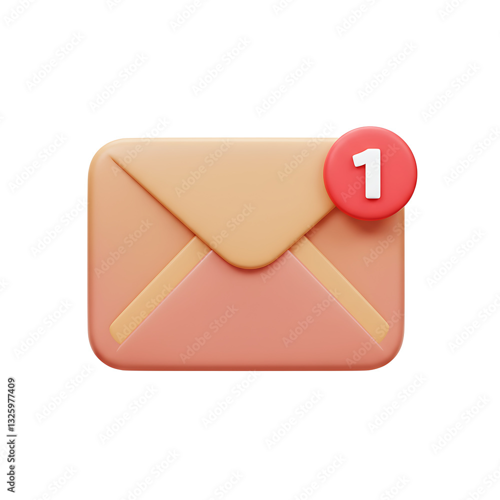 3D Render of a Single New Email Notification Icon, Peach and Red Color Scheme, Unread Message, Digital Communication 3D Render of a Single New Email Notification Icon, Peach and Red Color Scheme, Unread Message, Digital Communication