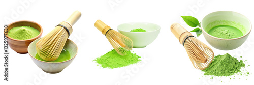 A variety of matcha tea preparations including whisk, powder, and bowls showcasing the vibrant green color and traditional tools.