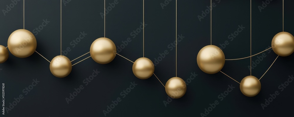 Obraz premium A series of golden spheres suspended on strings against a dark background, creating a visually striking and dynamic arrangement.