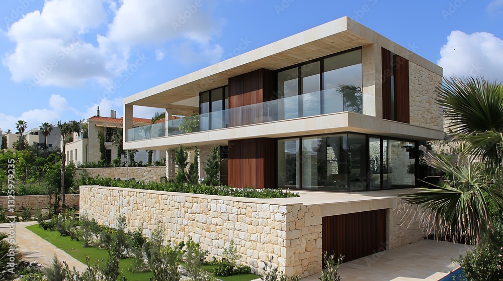 Fototapeta premium Modern, light-colored home with a contemporary design. Exterior features include large windows, a wooden deck, and a stone retaining wall