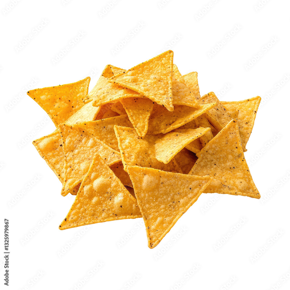 Pile of crispy tortilla chips. A generous heap of golden, triangle-shaped chips, seasoned with spices. Perfect for snacking or as a crunchy topping Pile of crispy tortilla chips. A generous heap of golden, triangle-shaped chips, seasoned with spices. Perfect for snacking or as a crunchy topping
