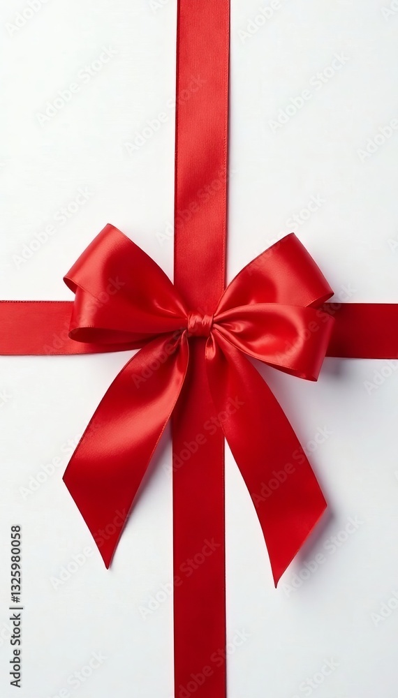 Top view of vibrant red ribbon tied in a perfect bow on a stark white surface, festive, concept, ornament Top view of vibrant red ribbon tied in a perfect bow on a stark white surface, festive, concept, ornament