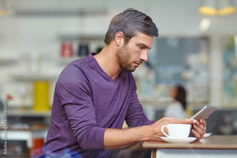 Cafe, coffee and man with tablet for remote work, reading blog or connection for news information. Restaurant, window and journalist with digital for article application, website scroll or freelancer Cafe, coffee and man with tablet for remote work, reading blog or connection for news information. Restaurant, window and journalist with digital for article application, website scroll or freelancer