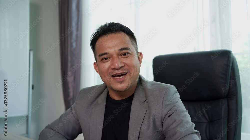 Smiling middle-aged businessman sit at desk talking with funny gesture on webcam having video call or conversation online with his team, Facial Expression of happy man looking at camera with smile Smiling middle-aged businessman sit at desk talking with funny gesture on webcam having video call or conversation online with his team, Facial Expression of happy man looking at camera with smile