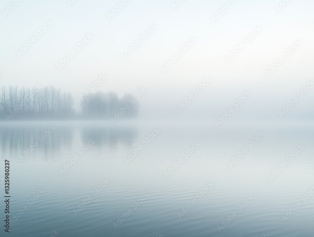 Ethereal waterscape, Silhouettes of trees disappearing into the misty horizon Ethereal waterscape, Silhouettes of trees disappearing into the misty horizon
