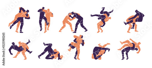 Wrestling poses set. Silhouettes of wrestlers are in Greco roman fight. Fighters' shadows are in sport battle. Combat, martial art competition. Flat isolated vector illustrations on white background