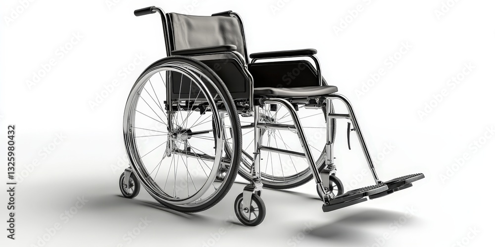 Stylized black-and-white image captures a chic wheelchair with a sleek silver frame, plush black seat, and elegant silver wheels. The front wheel gracefully turns to the left, exuding modern sophistic Stylized black-and-white image captures a chic wheelchair with a sleek silver frame, plush black seat, and elegant silver wheels. The front wheel gracefully turns to the left, exuding modern sophistic