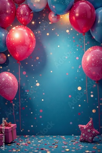 Trendy happy birthday backdrop with shimmering sparkles and balloons, trendy, decoration, celebration