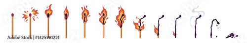 Steps of burning matchstick set. Lightning of matches with fire, sparks, flame. Burnt sticks with smoke, ash. Combustion sequence for animation. Flat isolated vector illustrations on white background
