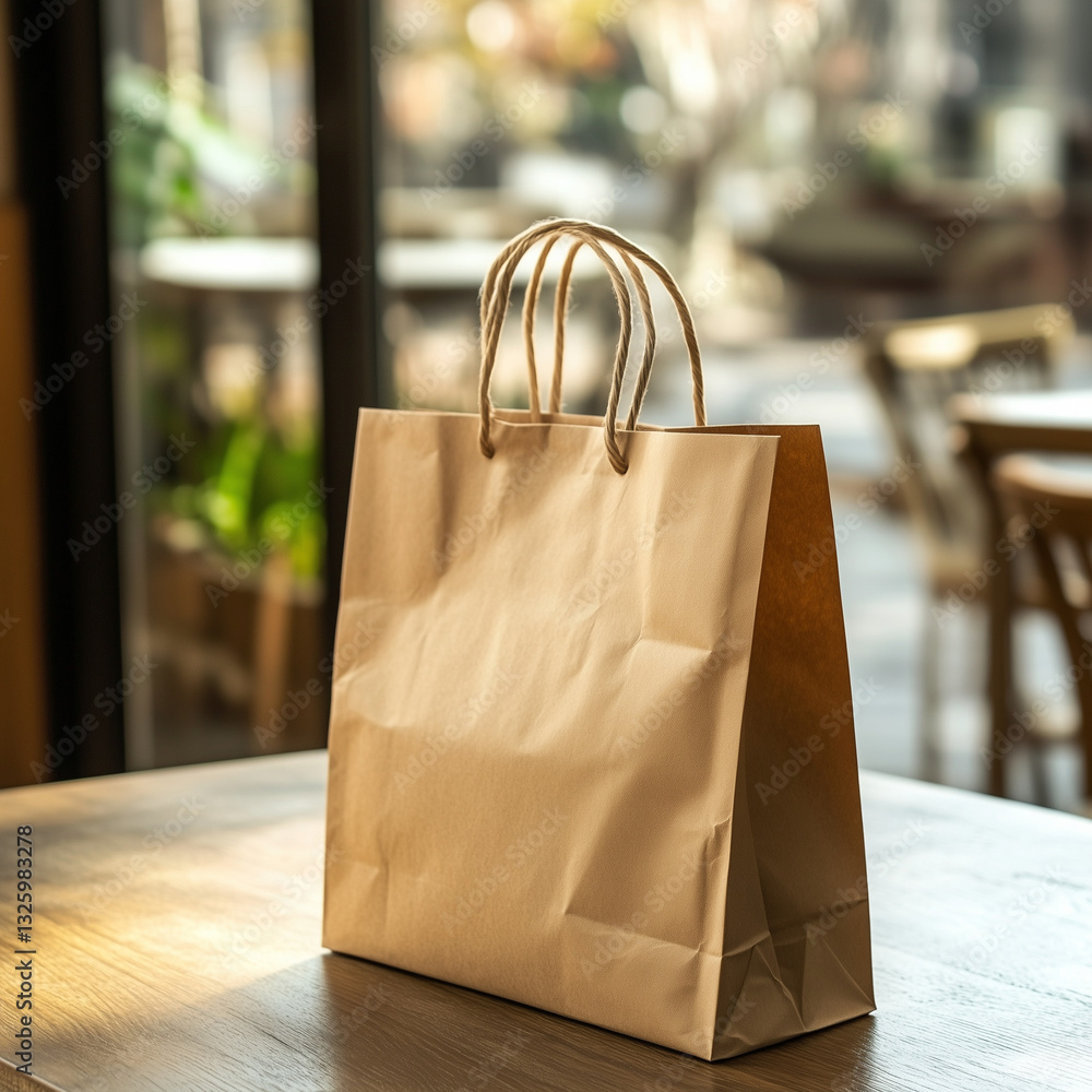 a paper bag on the table, as an advertisement for nature conservation by using paper bags instead of plastic ones