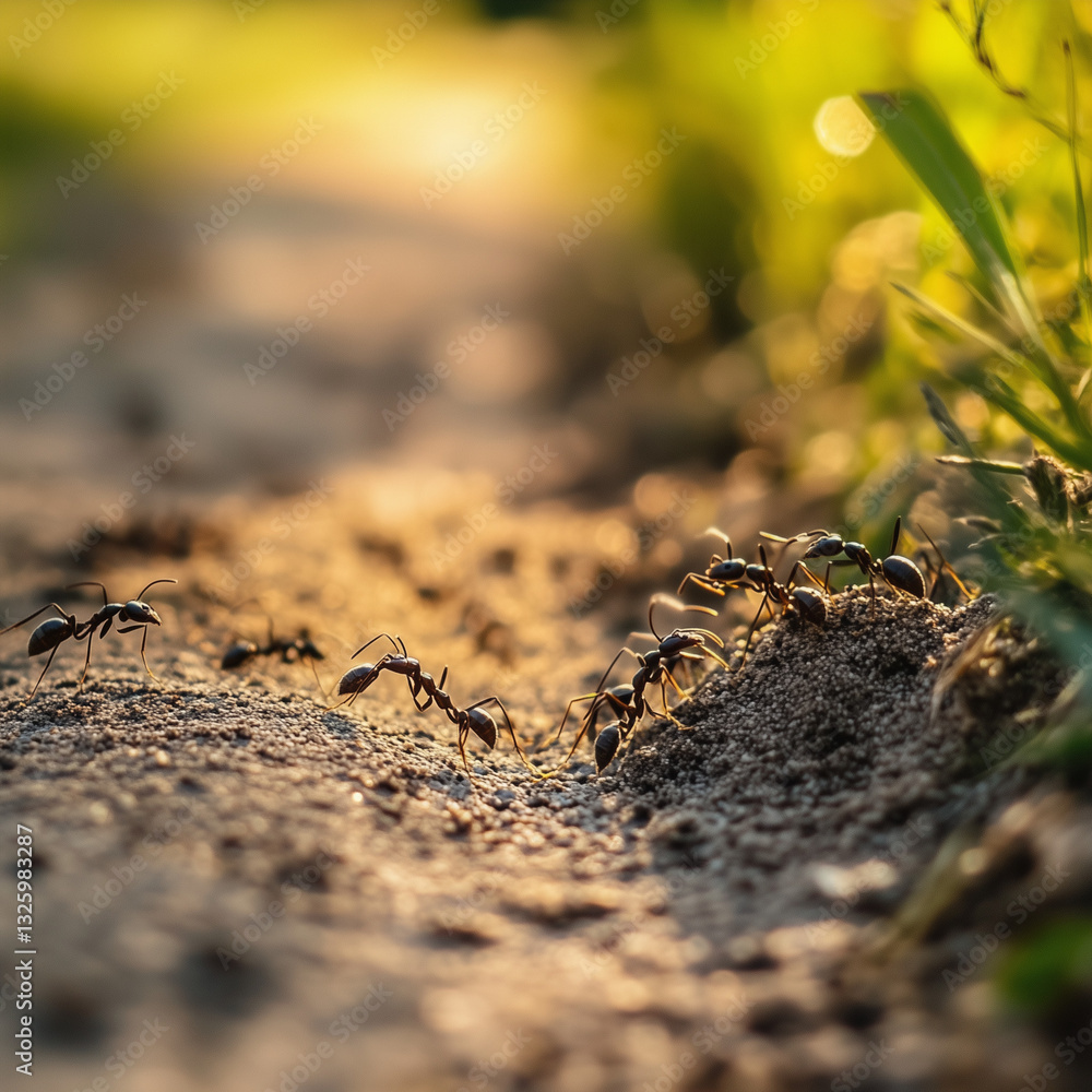 column of ants on the ground going one behind the other